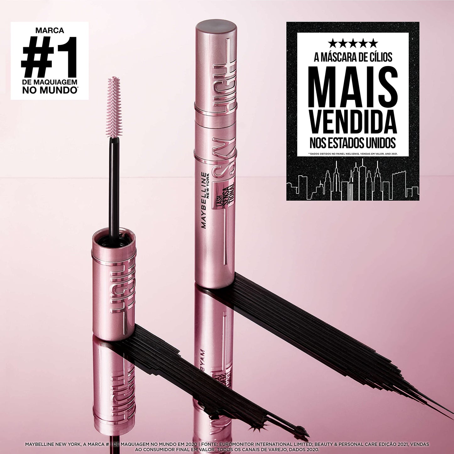 Lash Sensational Sky High Maybelline NY, Máscara de Cílios À Prova d'Água, Alongamento e Volume de Longa Duração com Extrato de Bambu, Cor Preto, 7,2ml