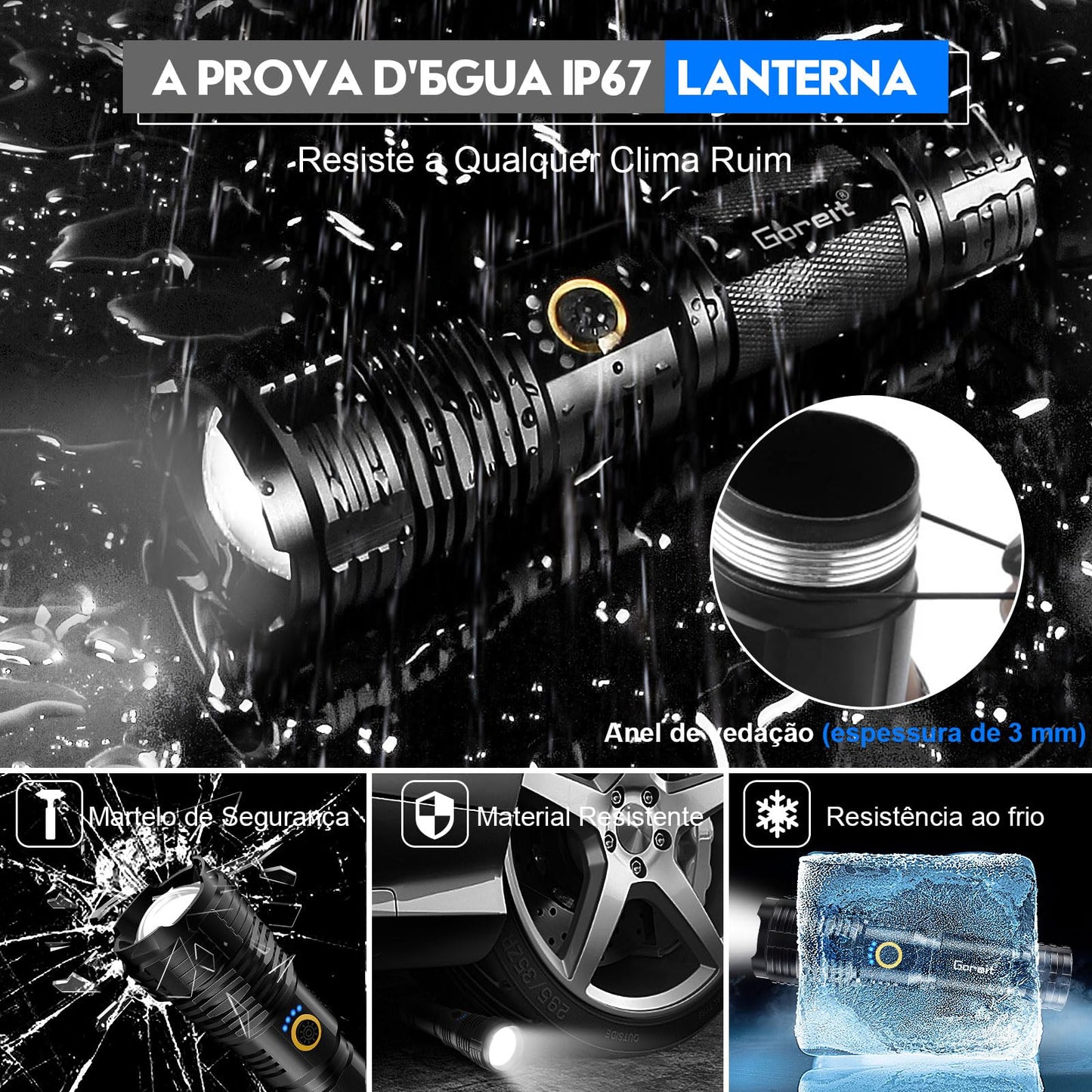 Lanterna Led Recarregavel 10000 Lumens, Goreit Lanterna Tatica Militar Super Potente XHP70.2, Lanterna a Pilha Lanterna De Choque Defesa Pessoal USB Para Acampamento Caminhada Pesca EmergêNcia