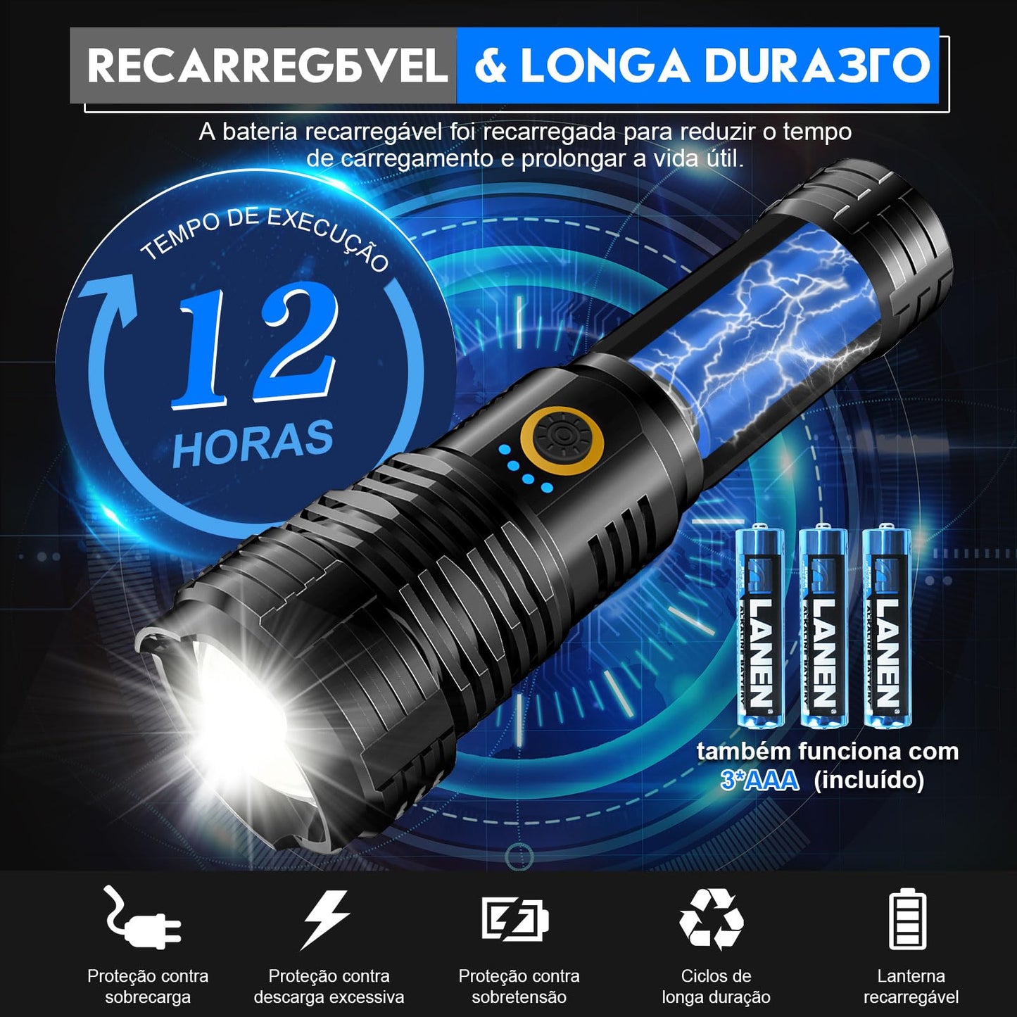 Lanterna Led Recarregavel 10000 Lumens, Goreit Lanterna Tatica Militar Super Potente XHP70.2, Lanterna a Pilha Lanterna De Choque Defesa Pessoal USB Para Acampamento Caminhada Pesca EmergêNcia