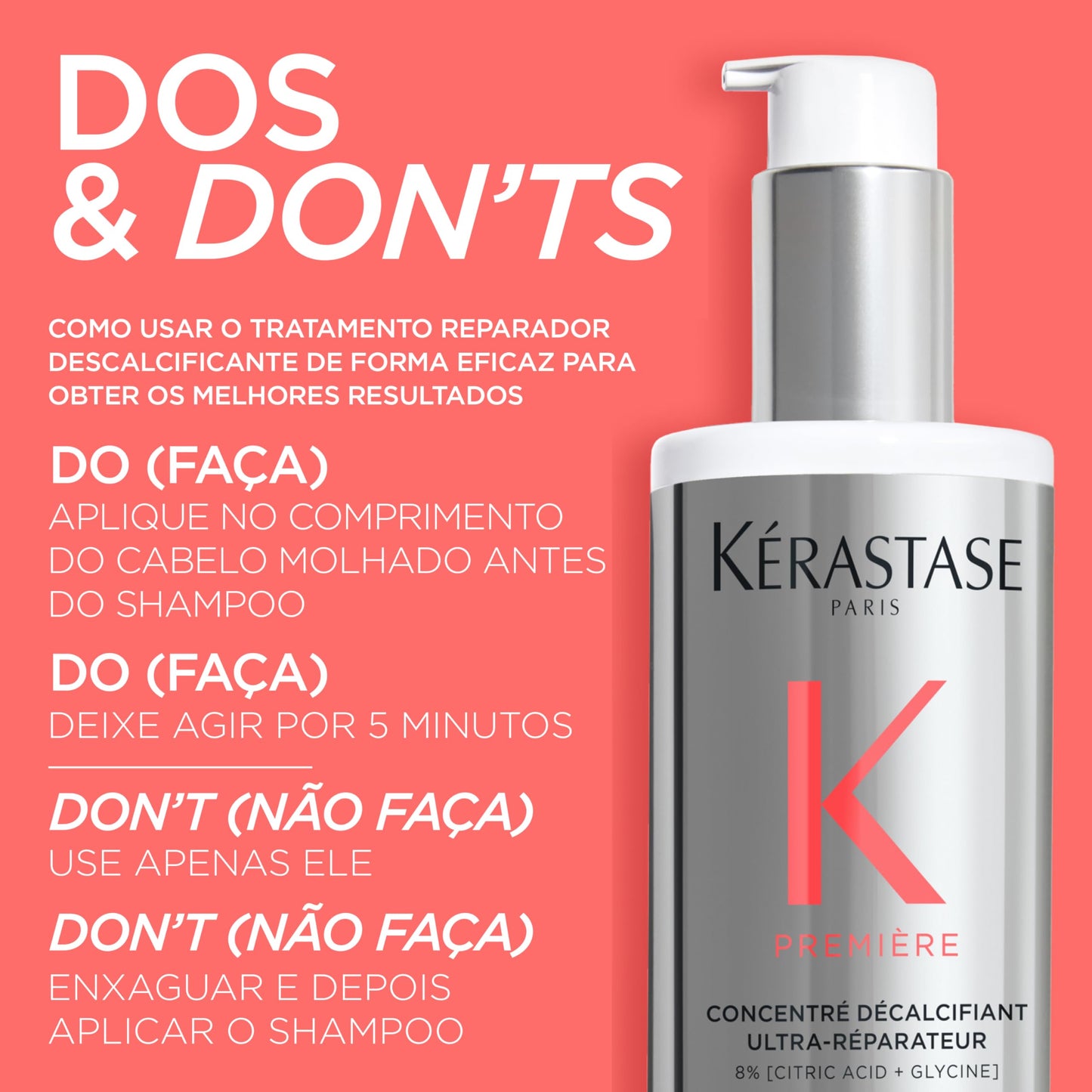 Kérastase Tratamento Première Concentré Décalcifiant Ultra-Réparateur, Todos os tipos de cabelos danificados, Reparador descalcificante, Reverte a rigidez, Com Ácido cítrico e Glicina, 250ml