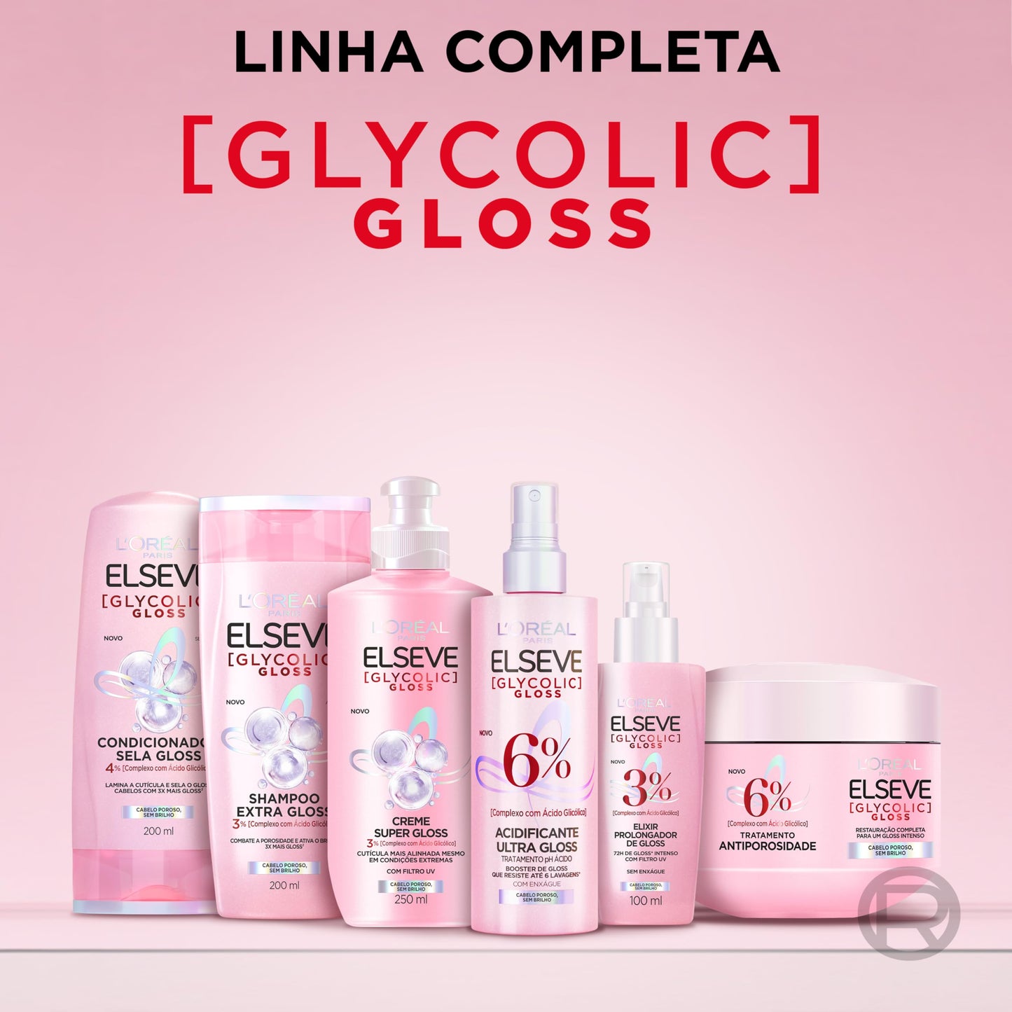 Kit Tratamento Capilar L'Oréal Paris Elseve Glycolic Gloss, Combate Porosidade, 5 Produtos para Brilho e Alinhamento