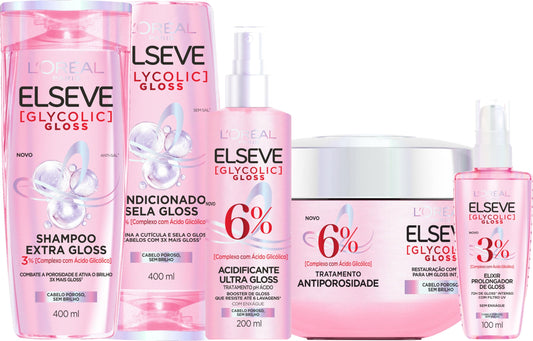 Kit Tratamento Capilar L'Oréal Paris Elseve Glycolic Gloss, Combate Porosidade, 5 Produtos para Brilho e Alinhamento