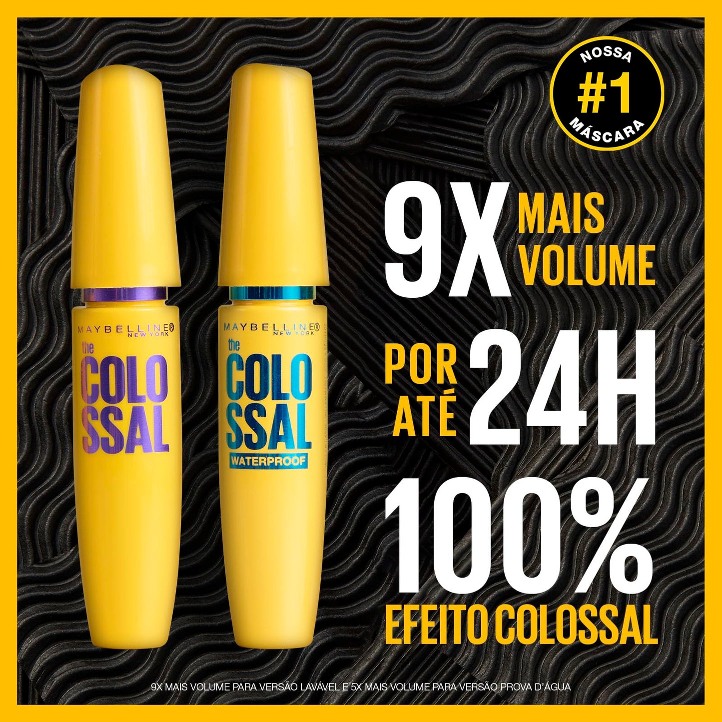 Maybelline NY The Colossal Volum' Express, Máscara de Cílios À Prova d'Água, 9x mais Volume por até 24h, Fórmula de Colágeno e Definição Intensa, Não Empelota, Cor Preto, 8ml