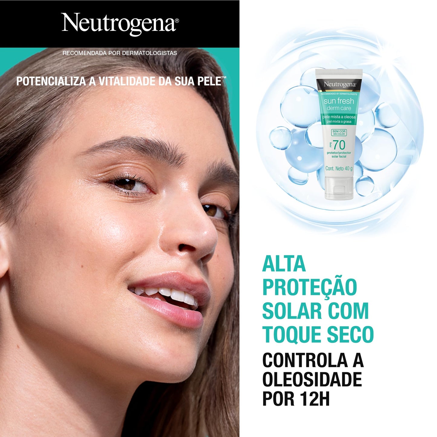 Neutrogena Sun Fresh Protetor Solar Facial Para Pele Oleosa Derm Care, FPS 70, Sem Cor, Kit com 2 Unidades de 40g